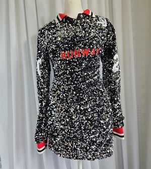 Shane Justin RUNWAY Sequin Black Silver Mini Long Sleeve Glam Party Dress-Medium